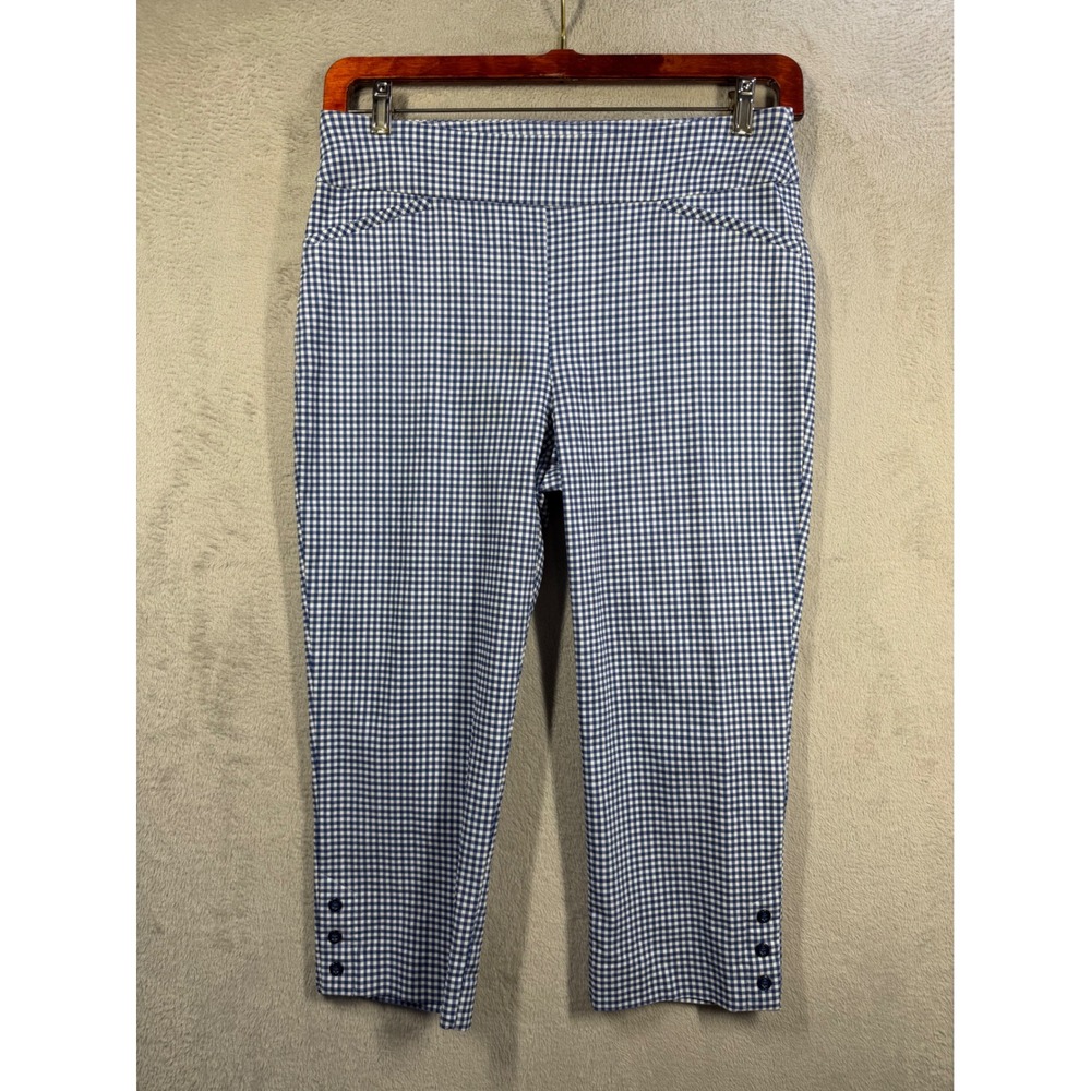 Chico's Capri Pants Women 10 (1.5) Blue Gingham Perfect Stretch Pull On Cropped